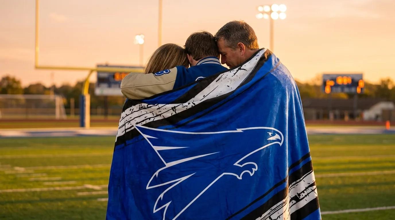 A senior and her parents in a tight hug on the field after the ceremony, the family wrapped together in her custom eagle mascot blanket