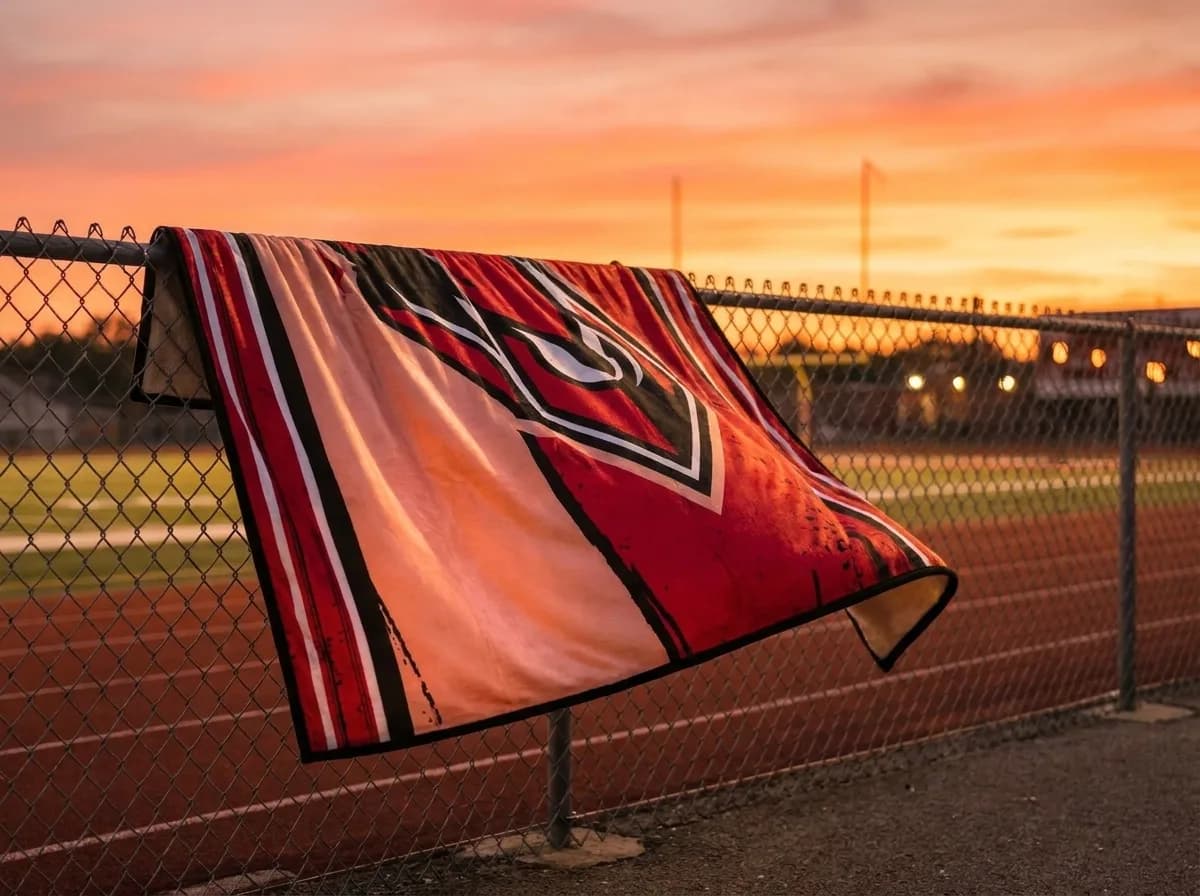 A red-and-white custom school blanket draped over the chain-link fence by the track at sunset